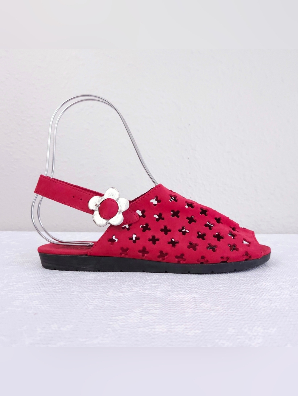 ARCHE Slingback Sandals Red Nubuck Laser Cut Out Flats EU 39